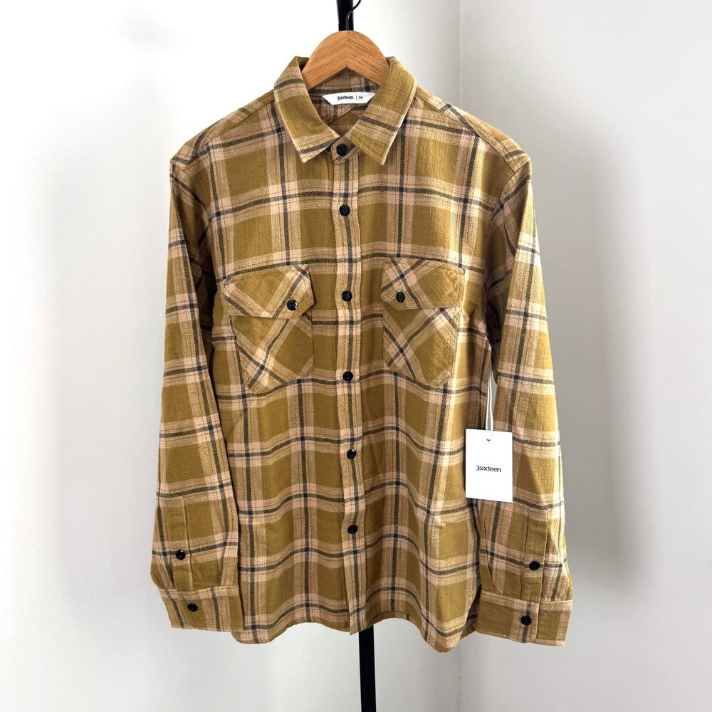 3sixteen Crosscut Flannel Coyote Slub Shirt Medium NEW Slim Plaid Long Sleeve